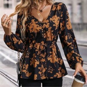 Black and Blue Floral Blouse‎ with V-Neck and Long Sleeves